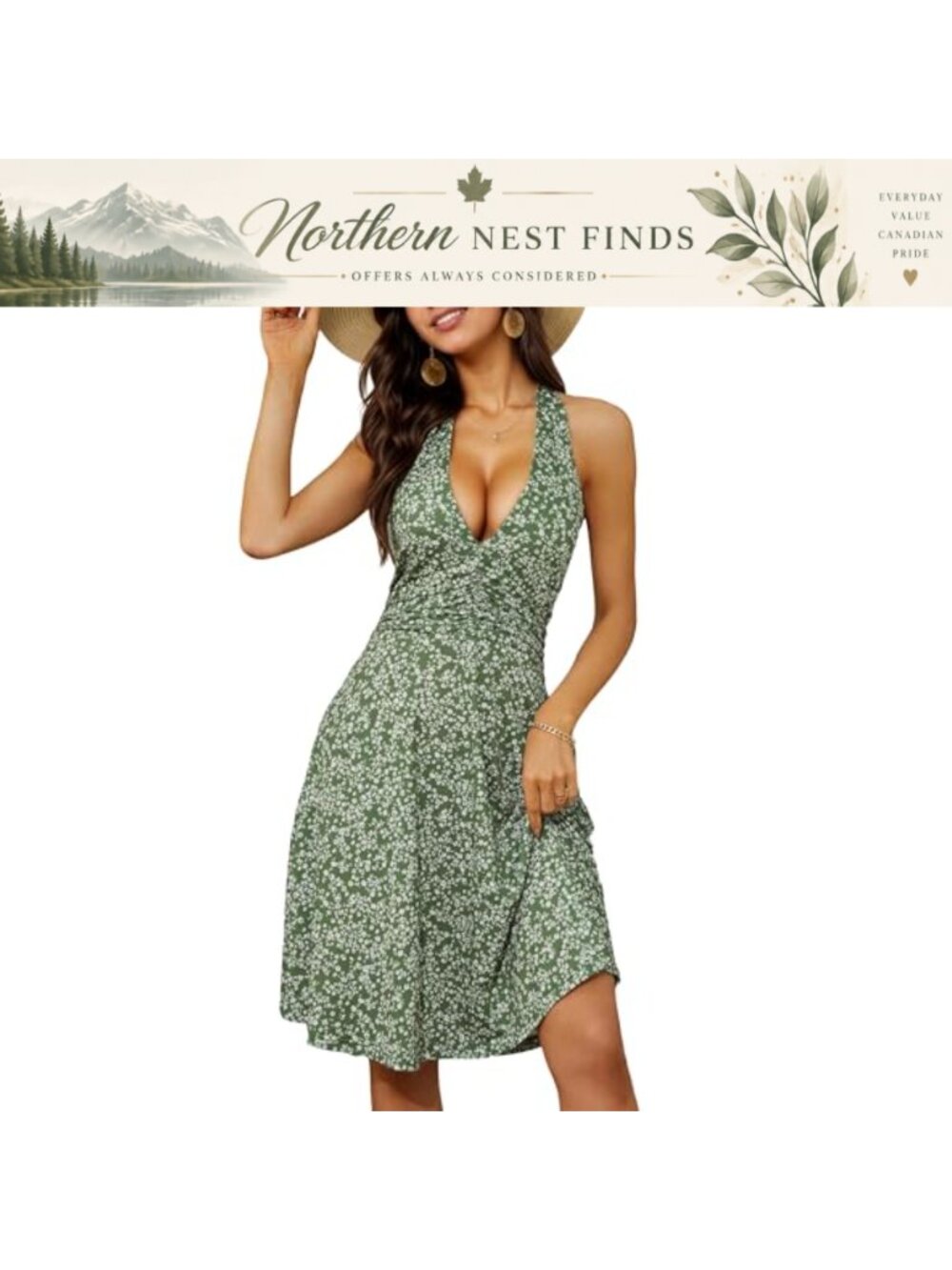 Women's Summer Halter Neck Sleeveless Floral A-line Sundress with Pockets